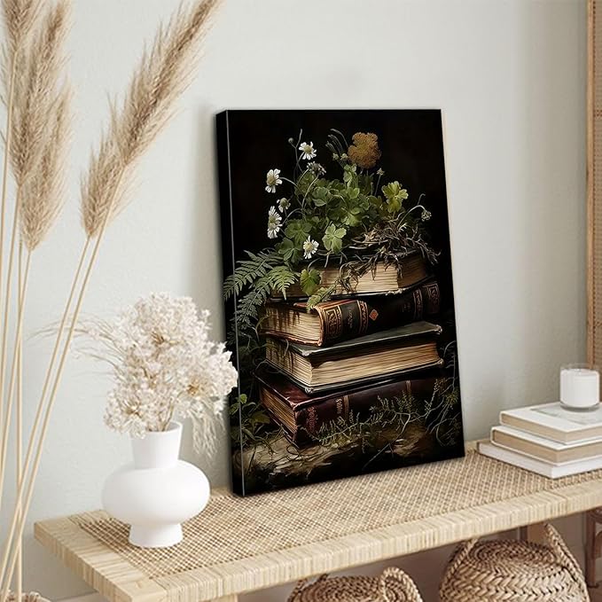 Kdyudo 2 pcs Vintage Botanical Canvas Wall Art, Gothic Dark Collegiate Style, Book Image Printing Atmosphere, Rustic Floral Painting Poster Artwork, Suitable for Study Gallery Wall Decor 12x16 inch