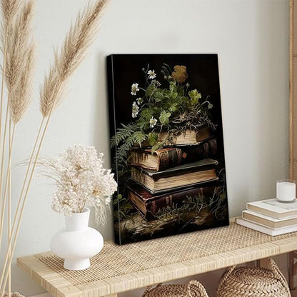 Kdyudo 2 pcs Vintage Botanical Canvas Wall Art, Gothic Dark Collegiate Style, Book Image Printing Atmosphere, Rustic Floral Painting Poster Artwork, Suitable for Study Gallery Wall Decor 12x16 inch