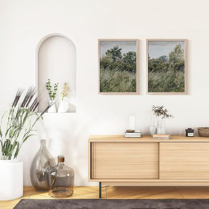 Framed Vintage Canvas Wall Art Nature Scenery Tranquil Outdoor Greenery Poster Picture Countryside Painting Natural Landscape Modern Home Print Living Room Gallery Ready to Hang 12x16 inches x2