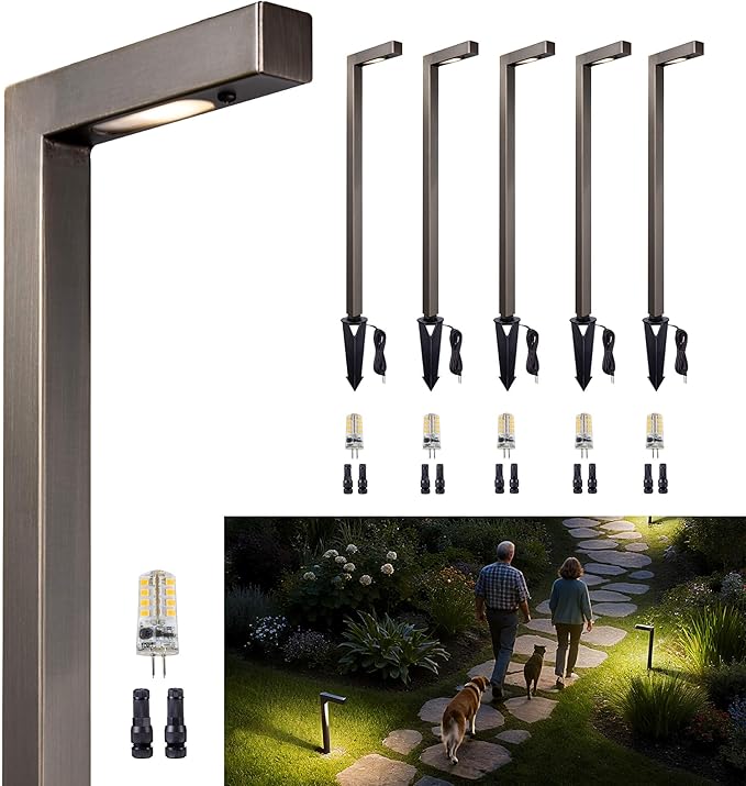 Gardenreet Solid Cast Brass Pathway Lights, 12v Landscape Path Light Outdoor Waterproof, Electric Walkway Lights Wired, L-Shape Antique Bronze Garden Lawn with 3W 3000K Soft White G4 Bulb (6 Pack)