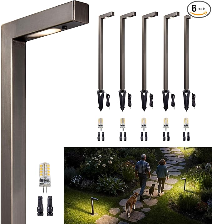 Gardenreet Brass Low Voltage Pathway Lights, Waterproof Outdoor Landscape Path Lights, 12V LED Wired Bronze L Shape Garden Lights for Yard Walkway House with 3W 270LM 5000K G4 Bulb 6 Pack