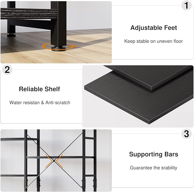 OTK Triple Wide 5 Tier Bookshelf, Rustic Industrial Style Bookcases with 14 Open Display Shelves, Wide Bookshelves for Bedroom, Living Room and Home Office, Black