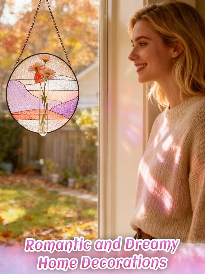 Stained Glass Propagation Stations - Sunshine Catcher Window Hanging Plant Holder, Terrariums Wall Decor for Women Mom Plant Lovers Christmas Gardening Gifts, Red