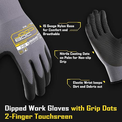 COOLJOB 36 Pairs Nitrile Rubber Dipped Safety Work Gloves with Grip Dots, Seamless Knit Nylon Gloves with 2 Fingers Touchscreen, Non-slip Coated for Warehouse, Home Improvement, Yard, Grey Medium