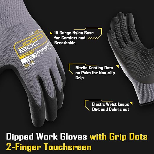 COOLJOB 12 Pairs Nitrile Rubber Dipped Safety Work Gloves with Grip Dots, Seamless Knit Nylon Gloves with 2 Fingers Touchscreen, Non-slip Coated for Warehouse, Home Improvement, Yard, Grey Small