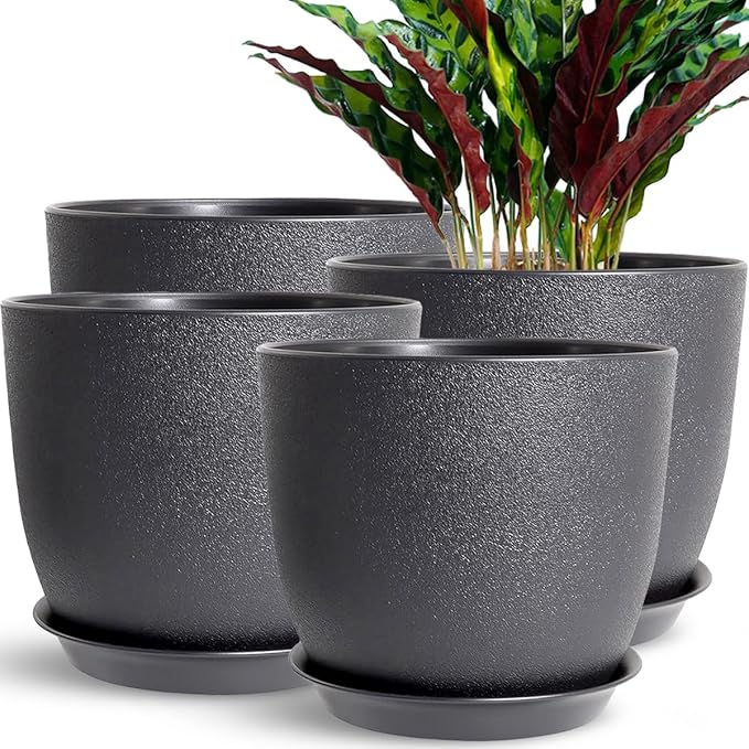 Planters for Garden House Plants, Indoor Outdoor Flower Pots Set with Trays 8 Inch Garden Pots,Plant Pots for Indoor Plants, Speckled Black
