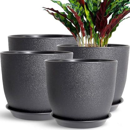 Planters for Garden House Plants, Indoor Outdoor Flower Pots Set with Trays 8 Inch Garden Pots,Plant Pots for Indoor Plants, Speckled Black