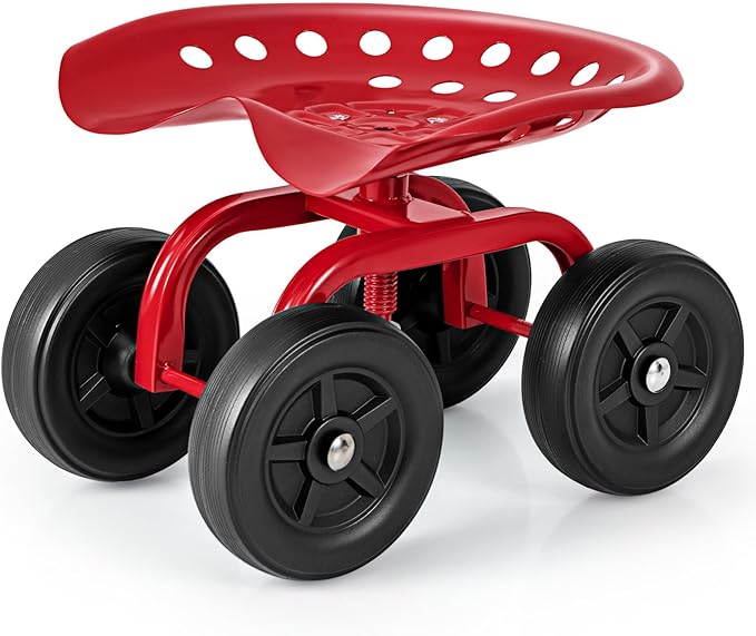 Garden Cart with Seat, Heavy-Duty Rolling Outdoor Wagon Scooter w/Height Adjustable & 360° Swivel Seat, Gardening Work Seat Stool, Patio Scooter on Wheels for Lawn Yard Planting(Red)