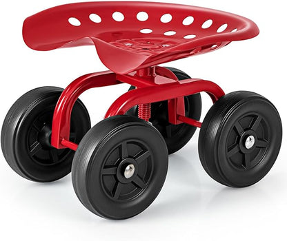 Garden Cart with Seat, Heavy-Duty Rolling Outdoor Wagon Scooter w/Height Adjustable & 360° Swivel Seat, Gardening Work Seat Stool, Patio Scooter on Wheels for Lawn Yard Planting(Red)