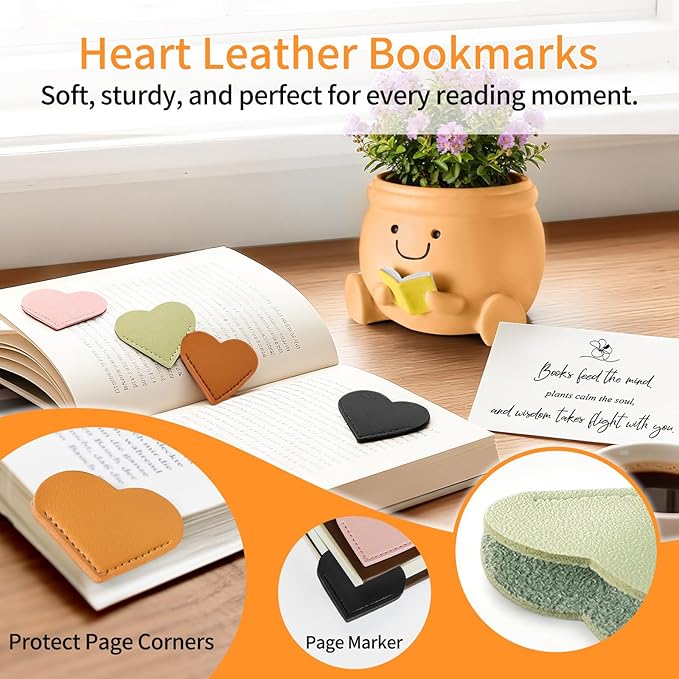 Book Lover Gift Set- Cute Reading Planter Pot with 5 Heart Leather Bookmarks & Quote Card, Cozy Desk Decor for Teacher, Librarian, Women, Mom, Friend, Colleague