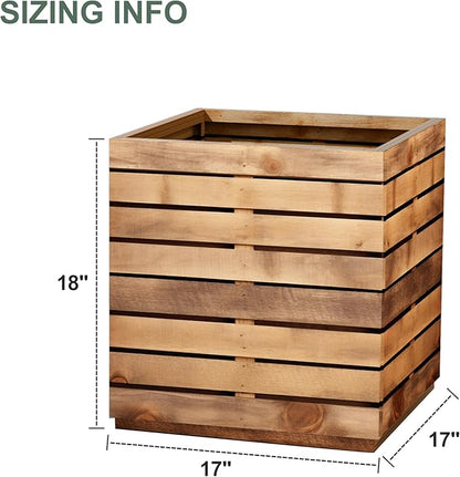 Metal Planter Box for Outdoor Plants, Black Rectangular Planters for Porch with Drainage Holes, All-Weather Use, Rust-Resistance (17" L x 17" W x 18" H, Walnut Wood Grain)