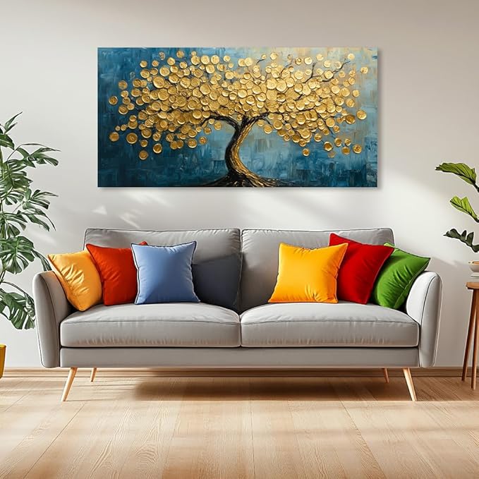 Modern Art Golden Lucky Tree Money Tree Canvas Wall Art Gold Tree of Life Painting Canvas Art Good Luck Money And Wealth Picture Stunning Poster Decorative for Home, Office & Hotel Lobbies, Ready to Hang (30x60 Inches)