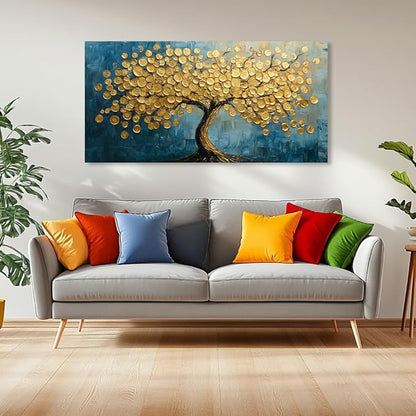 Modern Art Golden Lucky Tree Money Tree Canvas Wall Art Gold Tree of Life Painting Canvas Art Good Luck Money And Wealth Picture Stunning Poster Decorative for Home, Office & Hotel Lobbies, Ready to Hang (30x60 Inches)