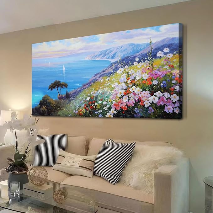Enartly Blue Coastal Wall Art Canvas Ocean Seascape Painting Scenery Flower Colorful Landscape Textured Artwork Framed for Living Room Bedroom Bathroom Home Office Wall Decor, Large Size 40"x20"
