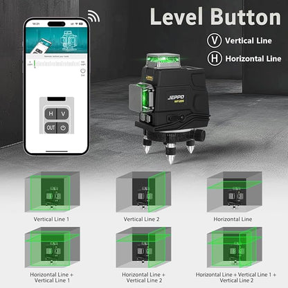 JEPPO Laser Level 360 Self Leveling,3x360° Cross Line Green Laser Level，3D Lazer Level for construction and picture hanging,APP Remote Control,with 5000mAh Rechargeable Battery,Magnetic Rotating Stand