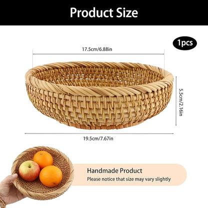 Small 7 Inch Natural Rattan Bread Basket,Handwoven Round Wicker Serving Bowls,Kitchen Wicker Fruit Basket Tray for Kitchen Counter Organizing Entryway Farmhouse Decor(7 Inch)