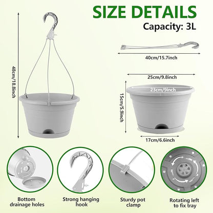 4 Pack Hanging Planters, 10 Inch Hanging Plant Pot with Hanger Chain & Drainage Trays, Hanging Baskets for Plants Outdoor Indoor, Flowers Pots for Home, Garden, Porch Decor (Grey)