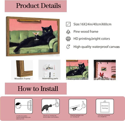 Funny Black Cat Martini Wall Art, Bar Cart Decor, Eclectic Cocktail Painting Canvas Print, Cute Animal Artwork Picture for Bedroom Living Room Kitchen 16x24 inch Wood Framed
