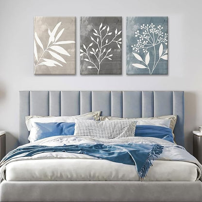 okudolit Vintage Botanical Canvas Wall Art Set of 3 Blue Grey and Beige Neutral Plant Leaf Prints Boho Minimalist Floral Art Pictures Wall Decor for Living Room Bedroom bathroom Office-12x16in