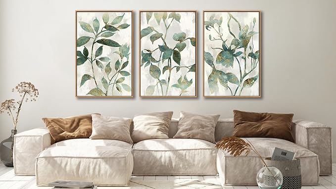 Large Framed Canvas Wall Art - Natural Float Framed Rustic Green Flowers Leaves Pictures Paintings White Grey Artwork Decor for Bedroom Living Room Kitchen Home Office Decoration 96" X 48" Set of 3