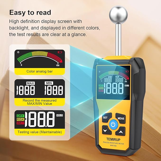 Moisture Meter, TEMIRUP Pinless Moisture Meter –Wood Moisture Detector for Walls, Drywall, Firewood & Concrete, Digital Moisture Tester with 3-Color LCD Display Reader, Audible Alarm & Hold Function