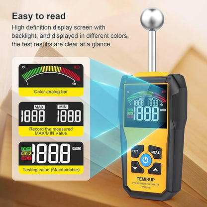 Moisture Meter, TEMIRUP Pinless Moisture Meter –Wood Moisture Detector for Walls, Drywall, Firewood & Concrete, Digital Moisture Tester with 3-Color LCD Display Reader, Audible Alarm & Hold Function