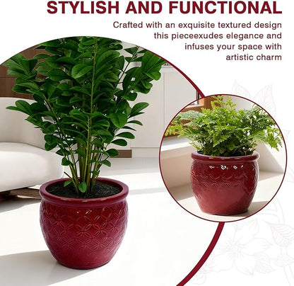 Tiered 3-Piece Ceramic Planter Set (9, 12, 15 Inch) with Drainage Holes & Saucers for Indoor Outdoor Plants, Modern Garden Pots for Succulents, Herbs, Flowers on Patio, Balcony, Windowsill - Red (Red)