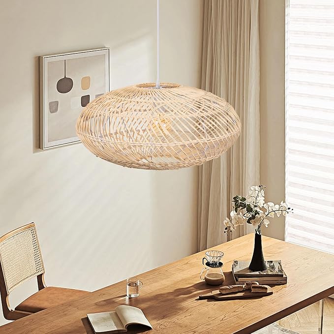 Arturesthome Natural Rattan Pendant Light, Woven Round Chandelier Pendant Lamp Shade, Hanging Ceiling Light, Handmade Lampshade for Kitchen Island Dining Room Hallway Foyer