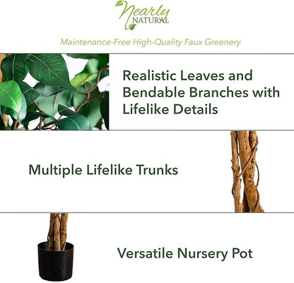 Nearly Natural 7ft Triple Trunk Artificial Ficus Tree with Natural Wood Trunks, Fake Tree for Indoor Home Décor, Faux Ficus Tree with Black Nursery Pot