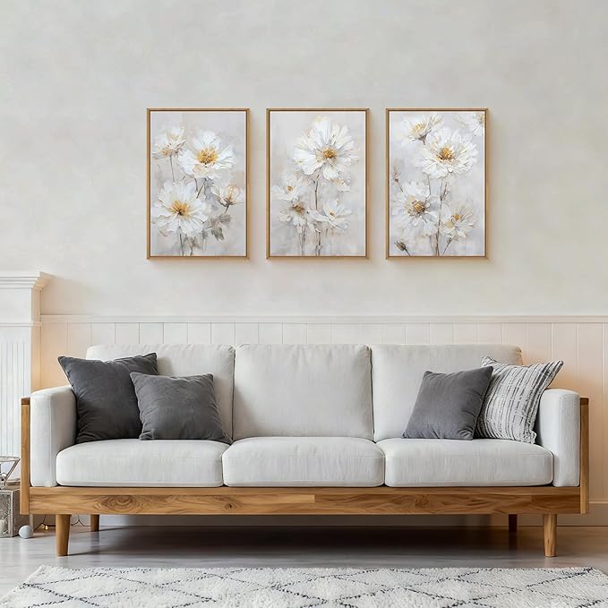 Aryroi Watercolor White Daisy Wildflower Framed Canvas Wall Art Set,Modern Natural Beige Floral Wall Decor,Minimalist Dreamy Flower Botanical Artwork For Living Room, Bedroom,Farmhouse-16 x24 x3