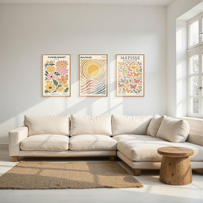 Boho Flower Market Framed Canvas Wall Art Set, Matisse Floral Wall Decor, Abstract Botanical Wall Painting, Nature Floral Illustration Art Prints for Living Room, Bedroom, Office 16"X24"X3
