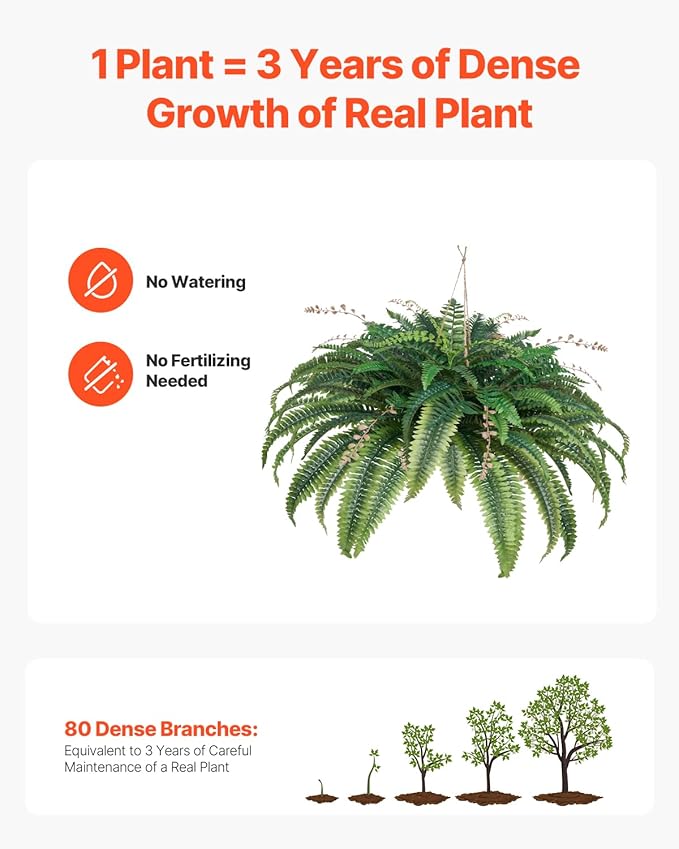 VEVOR Artificial Ferns, Natural Spread Diameter 41 Inch, Large Hanging Fake Boston Ferns, Sunlight Resistant Fake Plant Wall Decor with 80 Branches and Flowerpot, Faux Fern for Home Office Outdoor