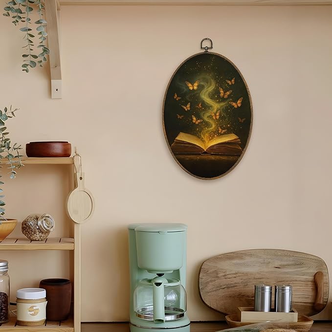 LKETW Vintage Moody Gold ButterflyBook Oval Wall Art Decor, Dark Academia Bookish Oval Canvas Hanging Decor, Book Lovers Gifts Wall Decorations for Reading Room Library Gallery, 8.6x11.4 Inch