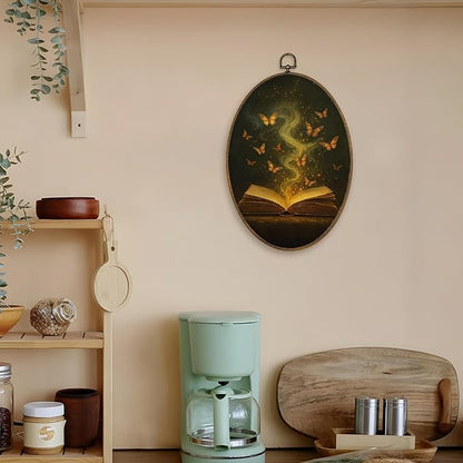 LKETW Vintage Moody Gold ButterflyBook Oval Wall Art Decor, Dark Academia Bookish Oval Canvas Hanging Decor, Book Lovers Gifts Wall Decorations for Reading Room Library Gallery, 8.6x11.4 Inch