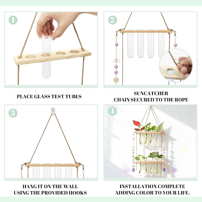 Hanging Propagation Stations with Crystal Suncatchers Glass Wall Planters for Indoor Plants Hydroponics, 2 Tiered Wooden Stand Mini Test Tube Flower Vase Glass Planter Stations for Home Decor (Beige)