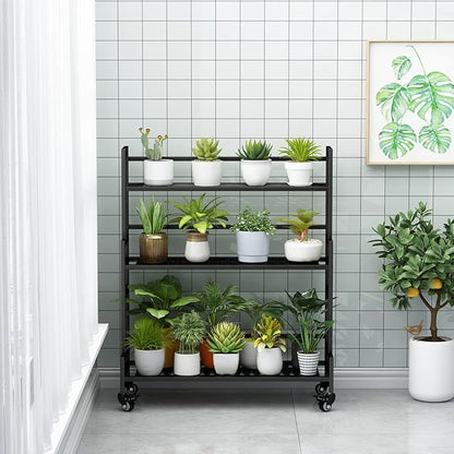Plant Stand Indoor 3 Tier Metal Outdoor Tiered Stands Shelf With wheel for Multiple Plants Potted Ladder Plant Holder Table Plant Pot Stand for Window Garden Balcony Living Room (3 Tier-Black)