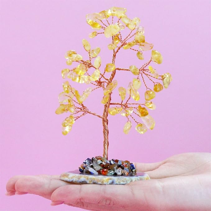 Citrine Healing Crystal Tree of Life Natural Gemstone Agate Slice Base Copper Wire Wrapped Money Trees Feng Shui Reiki Spiritual Energy Decorations Home Office Room Desk Decor Gifts for Women Men
