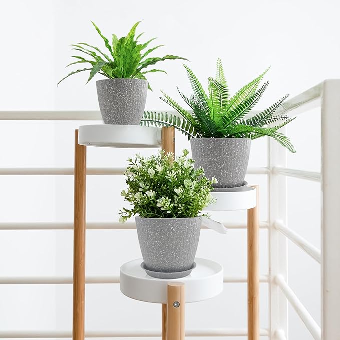 8/7/6 inch Plant Pots, 3 Pack Flower Pots for Outdoor Indoor Garden Plants, Large Planters with Multi Mesh Drainage Holes and Saucer (Speckled Grey, 8"+7"+6")