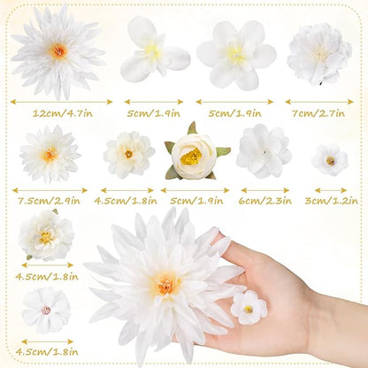 80 Pcs Assorted Fake Flower Heads Mini Artificial Flower Heads Bulk Silk Faux Daisy for Crafts Fake Peony Rose for Wedding Party Wreath Home Decoration(White)