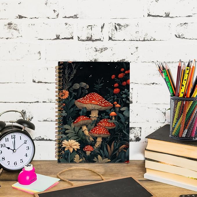 Mushroom Spiral Notebook, Vintage Mushroom Journal Notebook, Witchy Forest Botanical Journaling Notebooks for Women, Dark Cottagecore Office School Supplies Gifts, 5.5x8.3 Inch