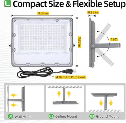 WeDo RGB LED Flood Light 150W Equivalent – 60W Plug-in Outdoor Color-Changing Spotlight with Remote, 4 Modes, 8-Level Dimming, IP65 Waterproof for Garden, Landscape, Wall Wash
