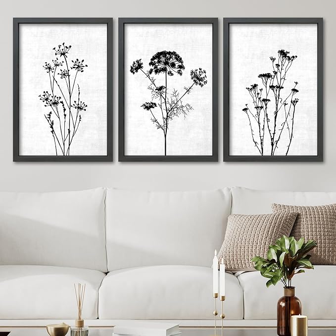TQianJiang Flower Plant Wall Decor 16"x11" Black And White Botanical Painting Wood Framed Set of 3 Bedroom Office Abstract Wildflower Sign Hanging Art (Black)