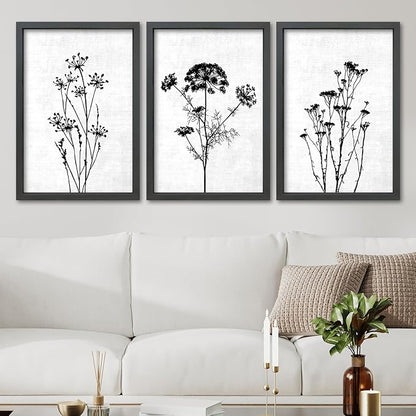 TQianJiang Flower Plant Wall Decor 16"x11" Black And White Botanical Painting Wood Framed Set of 3 Bedroom Office Abstract Wildflower Sign Hanging Art (Black)