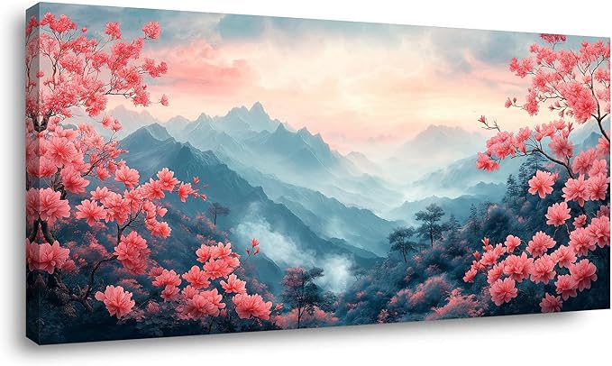 Pink Floral Landscape Wall Art Mountain Pictures -Abstract Mountain Artwork Pink Flowers Poster Mountain Pink Flowers Painting , Cherry Blossom Artwork for Living Room, Bedroom, Office & Home Décor,Ready to Hang (16x32 Inches)