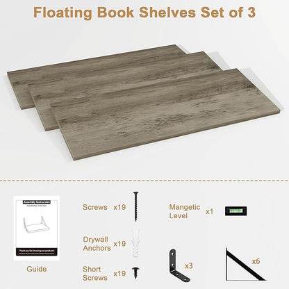 Fun Memories Long Wall Shelves for Bedroom, Set of 3 Large 40-Inch Floating Bookshelves, Rustic Wood Display Shelf for Home and Office (Grey)