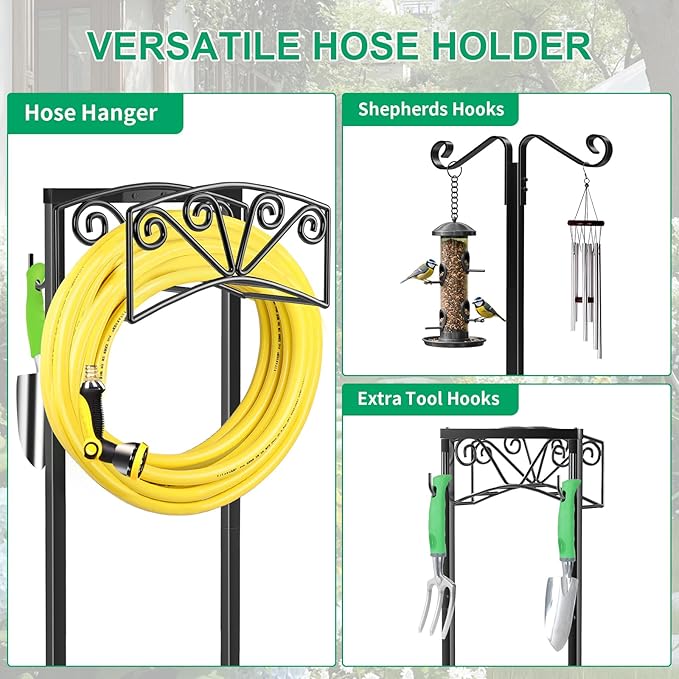 TomCare Garden Hose Holder with 2 Shepherds Hooks Heavy Duty Water Hose Holder Holds 160 FT Hoses Sturdy Hose Reel with 2 Tool Hooks Freestanding Outdoor Hoses Storage Hanger for Outside Yard, Black