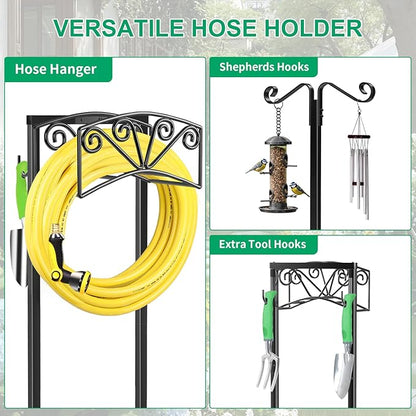 TomCare Garden Hose Holder with 2 Shepherds Hooks Heavy Duty Water Hose Holder Holds 160 FT Hoses Sturdy Hose Reel with 2 Tool Hooks Freestanding Outdoor Hoses Storage Hanger for Outside Yard, Black