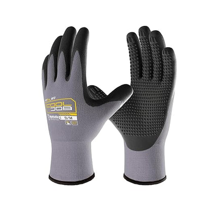 COOLJOB 3/6/12 Pairs Nitrile Rubber Coated Nylon Safety Work Gloves, Dotted for Non-Slip Grip, Breathable Soft Seamless Knit Nitrile Dipped Gloves for Warehouse, Home Improvement, Yard, Grey Large