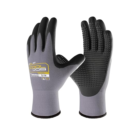 COOLJOB 6 Pairs Nitrile Rubber Coated Nylon Safety Work Gloves Pack Bulk, Dotted for Non-Slip Grip, Breathable Soft Seamless Knit Nitrile Dipped Gloves for Warehouse, Home Improvement, Yard, Small