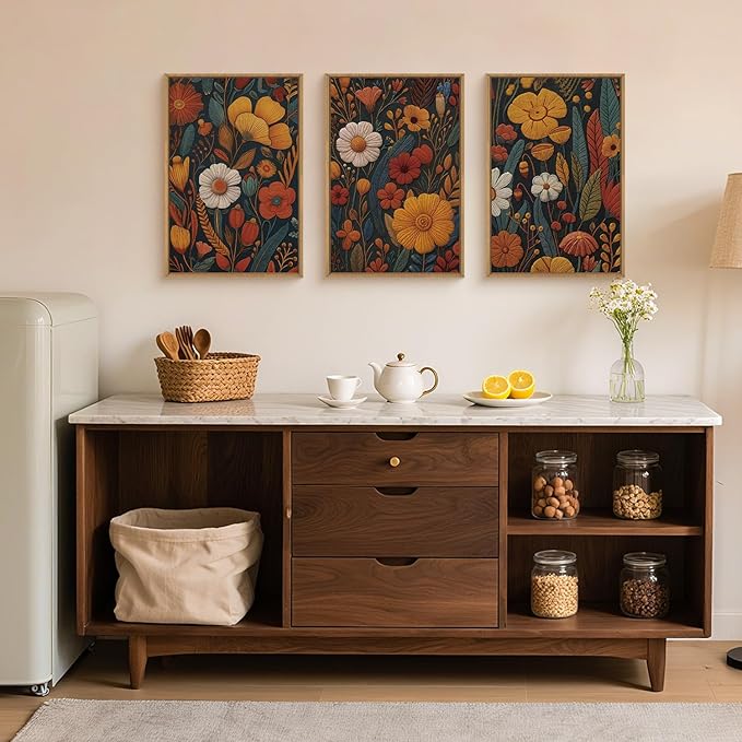 Vintage Orange Flower Framed Canvas Wall Art, Boho Abstract Floral Prints, Mid Century Botanical Flower Decor, Retro Neutral Plant Art Painting for Bedroom Living Room Office 16"x24"x3